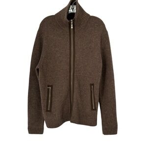 Tasso Elba Full Zip Cardigan Brown 100% Lambswool Ribbed Mock Neck Medium